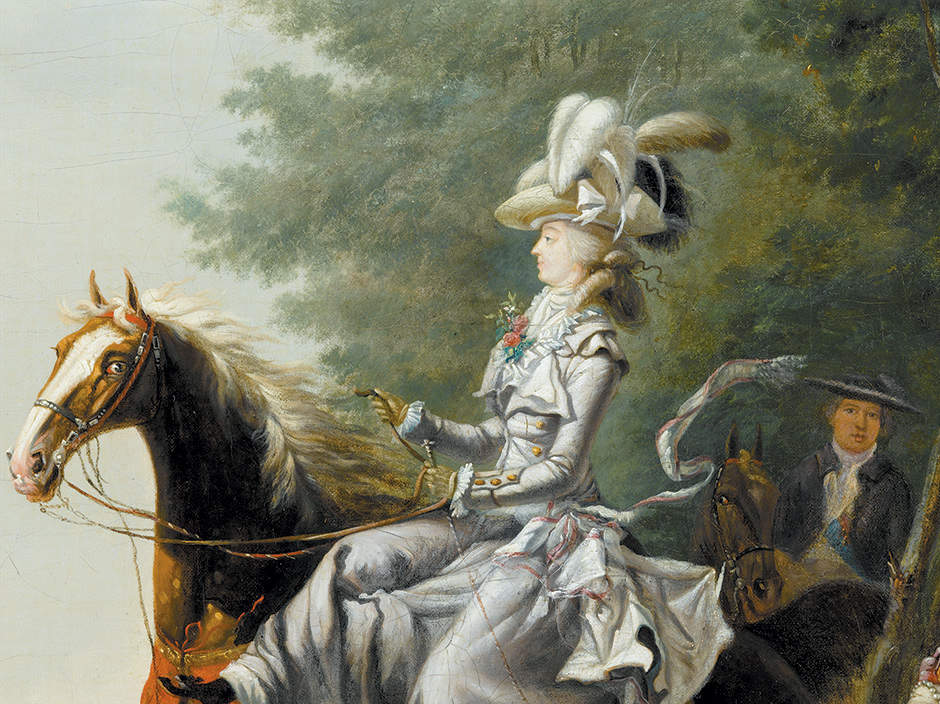 détail:Marie Antoinette and her husband hunting, 1783, by Louis-Auguste Brun